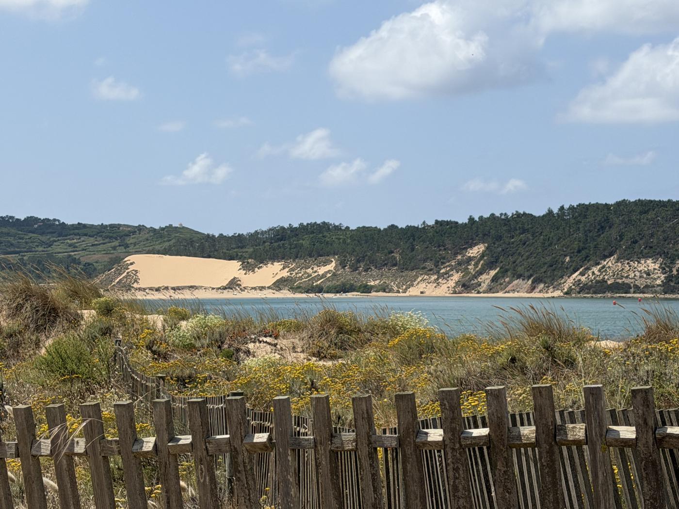 Dünenlandschaft mit Hang links vorne und Blick auf São Martinho do Porto